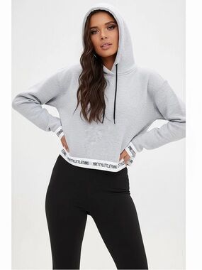 PrettyLittleThing Light Grey Cropped Hoodie with Branded Hem